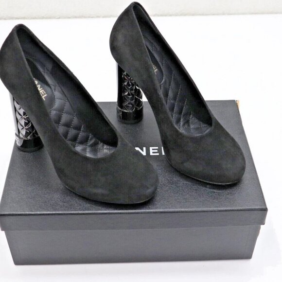 CHANEL Black Suede Pumps with Gunmetal Quilting at Heel 94305 - Size 38 / US 8 - Picture 1 of 13